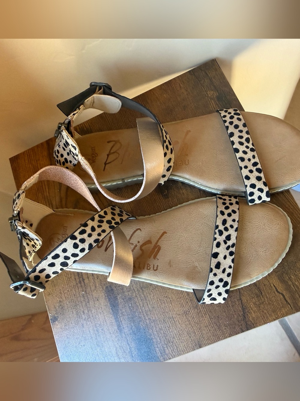 Blowfish Malibu Beige and Black Spotted Ankle-Strap Sandals